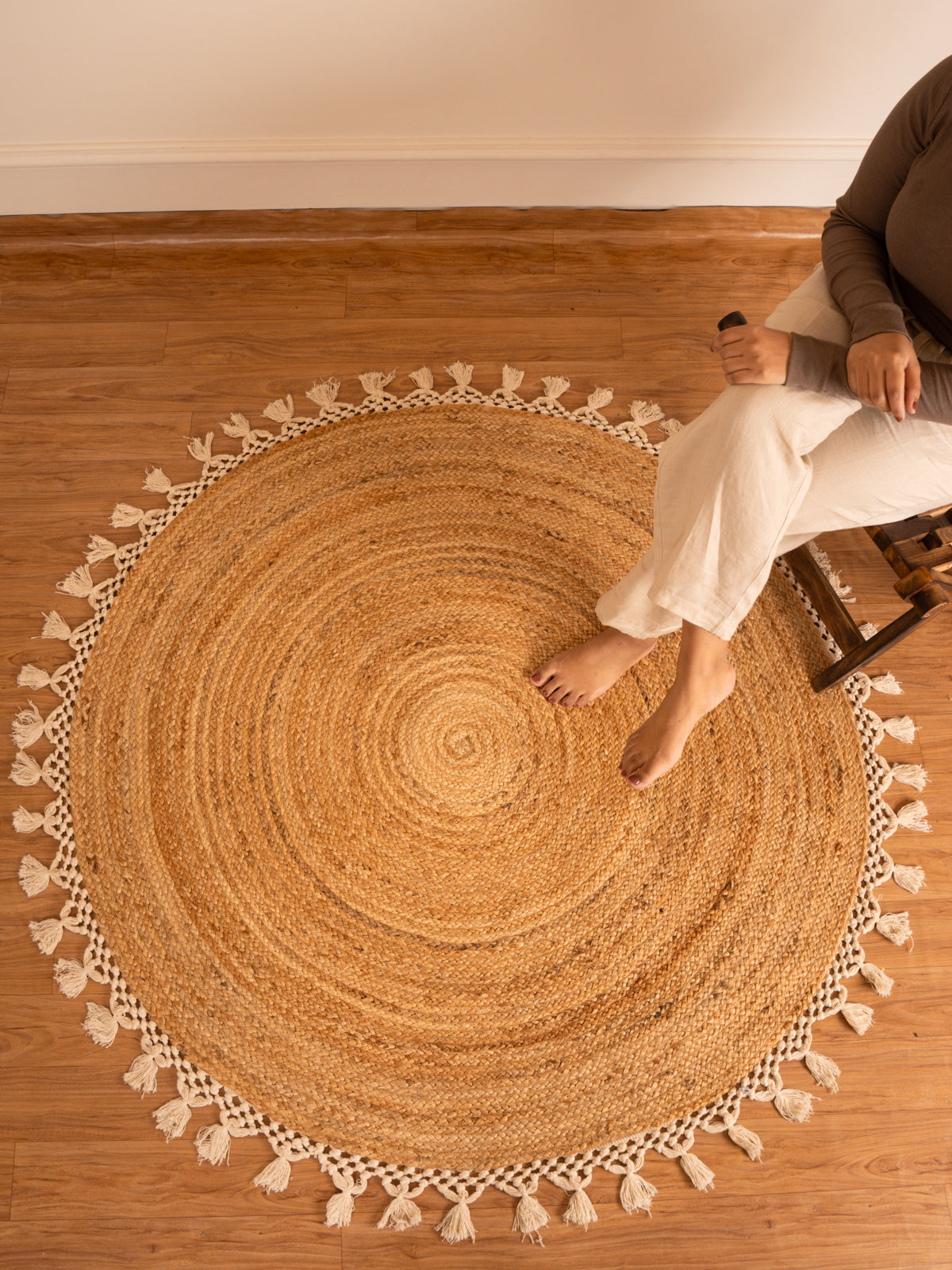 Natural Jute and Cotton Floor Round Carpet Ultra Large - 4x4 -